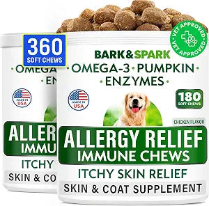 BARK&SPARK Dog Allergy Relief Chews (360 Immune Treats) - Anti-Itch Skin & Coat Supplement - Omega 3 Fish Oil - Itchy Skin Relief Treatment Pills - Itching&Paw Licking - Dry Skin & Hot Spots - Chicken