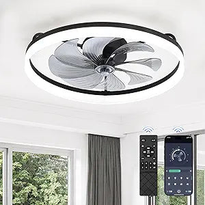 LEDIARY Ceiling Fans with Lights, 23 inch Low Profile Flush Mount Ceiling Fan, Dimmable LED, APP & Remote Control, Quiet Reversible DC Motor, 6 Speeds, Fandelier for Bedroom, Black