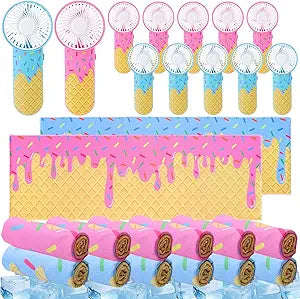 24 Pcs Ice Cream Print Sport Gifts, Includes 12 Baseball Cooling Towels 40 x 12 Inch Workout Towels 12 Portable Mini Handheld Fan for Sport Party Team Gift, Battery Not Included