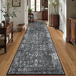 Lahome Margot Black Washable Runners for Hallways, Boho 2'6"x10' Kitchen Runner Rugs Non Skid Indoor Bathroom Runner Rug, Distressed Carpet Runners for Bedroom Entryway (2'6"x10', Black/Grey)