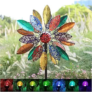 Solar Garden Wind Spinners with Light, Metal Yard Wind Spinners with Stake for Outdoor Lawn Decor (20" W x 77" H)