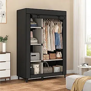 Calmootey Portable Closet Organizers, Clothing Storage, Wardrobe with 6 Shelves and Hanging Rod, Non-Woven Fabric Cover with 4 Side Pockets, Black