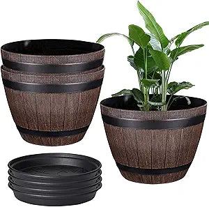 VECELO Plant Pots with Drainage Holes & Saucer, 13 Inch Flower Pots with Tray, 3 Pack Plastic Whiskey Barrel Planters for Indoor & Outdoor Garden Home Plants and Flowers