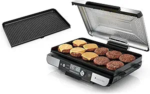 Ninja Sizzle Pro XL 20-Inch Indoor Griddle + Grill, Detachable Ventilated Lid, Grease Control, Ceramic Nonstick Plates, Even Edge Cooking, Extra Large Capacity, Versatile, Silver, GX101