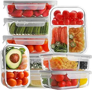 Bayco 9 Pack Glass Meal Prep Containers - 3, 2 & 1 Compartment Glass Food Storage Containers with Lids, Airtight & Leak Proof Lunch Bento Boxes - Grey