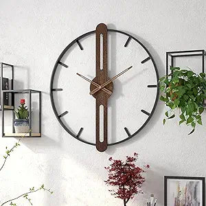 Modern Walnut Dial Wall Clock, Wood Large Wall Clock Decor Metal Frame Silent Non Ticking for Living Room, Bedroom, Kitchen, Study Decoration, Handmade Home Gift Idea, 28 in (70 cm)