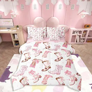 Feelyou Cowgirl Western Comforter Set with Sheets Pink Cowgirl Bowknot Bed in a Bag for Kids Boys Girls Bedroom Bed Decor Cowboy Boots Horseshoe 7 Piece Bedding Set Twin Size Wild West Soft Bed Set