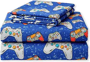 SDIII 4 Pieces Blue Gamer Sheets Twin Size Bed Set, Soft Microfiber Gaming Bed Sheet, Games Console Twin Sheets Set for Boys Kids