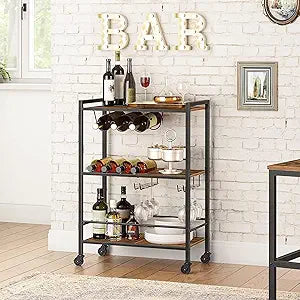 3 Tier Rolling Wooden Bar Serving Cart With Wheels And Storage Shelves - Mobile Liquor Wine Rack And Glass Holders, Beverage Cart For Kitchen Dining Living Room, Rustic Brown And Black