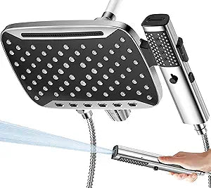 JDO High Pressure Rain Shower Head with Handheld Spray, 7 Modes Dual Shower Head Combo, 10 Inch Rainfall Showerhead Detachable, Power Wash for Bathroom Cleaning