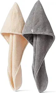 Amazon Basics Quick Dry Microfiber Hair Towel Wrap, Hair Drying Towel, Grey/Beige, 2-Pack
