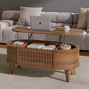 LYNCOHOME Fluted Lift Top Coffee Table with Storage,Modern Oval Coffee Table for Living Room or Home OfficeWalnut