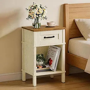 White Farmhouse Nightstand with Drawer, Small Wooden Bedside Table, White End Table, Bedroom Side Table with Storage, Rustic Wood Night Stand LET512WR