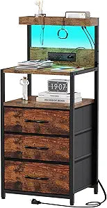 SZLHANJZ Night Stand, Nightstand with Charging Station, 3 Drawers Night Stand with Storage and LED Lights, 3 Shelves and Hooks, End Side Table for Bedroom, Rustic Brown