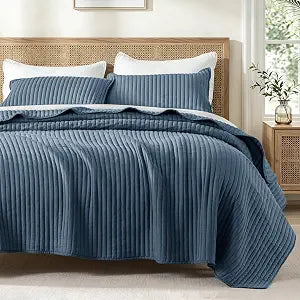Exclusivo Mezcla King Size Quilt Bedding Set, Lightweight Stripe Quilted Quilts King Size for All Seasons, Soft Microfiber Bedspreads Coverlets Bed Cover (Navy Blue, 104"x96")