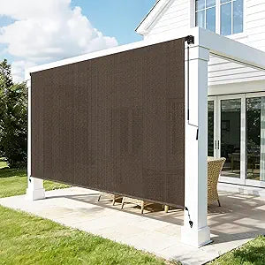 Outdoor Roller Shades for Patio, 8' W x 8' H Cordless Patio Shades Roll Up Outdoor Blinds with Splicing Design, 90% UV Protection for Porch Gazebo Pergola, 2 Poles & 1 Fabric, Mocha