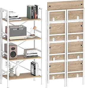 Homeiju Folding Bookshelf,4 Tier Bookcase Foldable Shelf with X-Bracket Design, Adjustable Feet, Space Saving Storage for Living Room, Office, Light Coffee