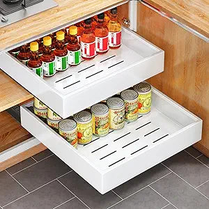 Pull out Cabinet Organizer, 21"Deep, 16.9"Wide Full-Extension Heavy Duty Slide out Drawers with Nano Adhesive, Roll Out Shelf Sliding Cabinet Storage for Kitchen, Bathroom, Pantry, Under Sink(White)