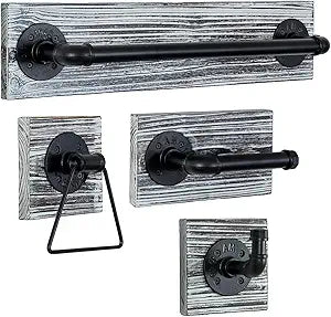 MyGift 4 Piece Wall Mounted Bathroom Hardware Set, Rustic Torched Wood and Industrial Matte Black Metal Pipe Towel Ring, Robe Hook, Toilet Paper Holder and Towel Bar