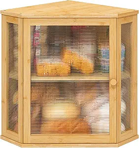 viewcare Corner Bread Box for Kitchen Counter, Bamboo Wood Large Capacity Bread Storage Bin with Acrylic Wavy Door Panel (Natural, Extra Large)