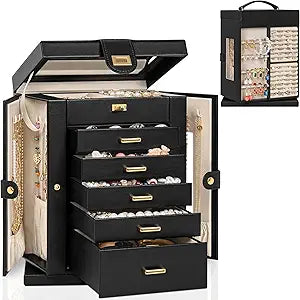 AKOZLIN Jewelry Box 6-Tier Organizer Functional 360 Rotating Jewelry Storage Case for Women Girls Ring Necklace Earring Bracelet Holder with Mirror