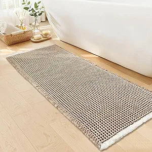 Waffle Runner Bath Mat - Long Boho Bathroom Rugs Non Slip Washable, Super Absorbent & Quick Dry, Soft Bath Mat Farmhouse Bathroom Decor, 24'' x 60'', Khaki and White