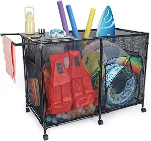 152Gal Pool Storage Organizer with Tabletop,Towel Bar,Zipper Doors,360 Rotating Wheels,Weather-Resistant,Easy Assembly,for Indoor Outdoor,Pool,Patio,Beach (M Size)