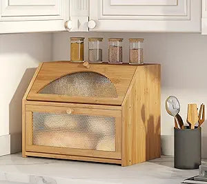 Bread Box, Bamboo Wood Bread Box for Kitchen Counter, Double-layer Bread Storage Bin, Acrylic glass with Diamond Patterns (Natural, Large)