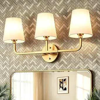 MOKATNG Bathroom Light Fixtures, 3-Light Brushed Gold Vanity Lights, Bathroom Lighting Fixtures Over Mirror with Flared White Fabric Shade, Modern Wall Sconces for Living Room Hallway