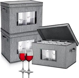 Norme 3 Pack Wine Glasses Storage Box with Dividers, 12 Compartments Stemware Storage Cases Champagne Flute Box with Lid Handle Window China Container Organizer for Moving(Wine Glass Size,Gray)