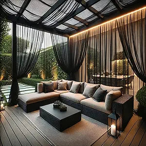 10 x 10 Outdoor Black Tulle Backdrop Curtains Waterproof Voile Sheer Screen Breathable Mash Netting Light Filtering Privacy Curtains for Patio Porch Yard Pergola Gazebo, 2 Panels