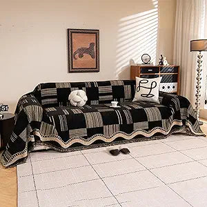 ROOMLIFE Dark Coffee Sofa Cover, Vintage Boho Couch Cover for 3 Cushion Sofa, Non Slip Chenille Sofa Slipcovers for Dog, Washable Furniture Sofa Protector Cover with Tassel for Living Room, 71''X118