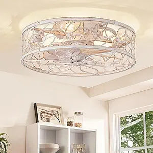 LEDIARY Caged Ceiling Fans with Lights, White Flush Mount Ceiling Fan with Remote&App, Small Low Profile Bladeless Ceiling Fan Light Fixture for Bedroom, Kitchen, Dining Room-White Gold Color