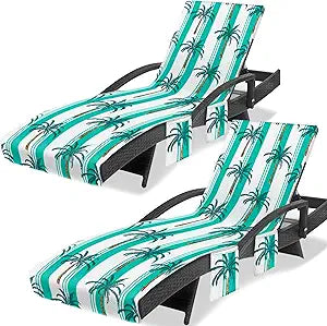 Lounge Chair Towel Cover, Beach Chair Towel (Pack of 2), Lounge Chair Towels with Fitted Top Pocket for Beach Pool Garden Courtyard Outdoor, 85 x 30 in,Striped Palm Turquoise White