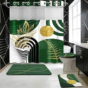 Olive Green Bathroom Sets with Hookless Shower Curtain and Rugs Hunter Green Mid Century Modern No Hook Shower Curtain and Liner Set, 4 Piece with Bath Mat and Toilet Lid Cover
