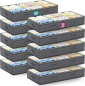 10 Pack Under Bed Storage Containers 90L Underbed Closet Organizer System Collapsible Storage Bins with Clear Window and Reinforced Handles for Bedding Pillows Blanket Towels Clothes Wardrobe Bedroom