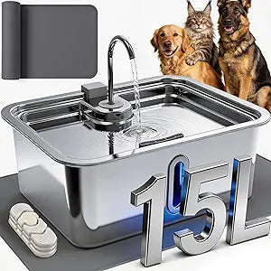 15L/3.96Gal Large Dog Water Fountain with Pet Feeding Mat & 3 Filters, Stainless Steel Pet Water Fountain for Dogs Cats, Dog Water Bowl Dispenser with Visible Window, Alert Light, Quiet Pump