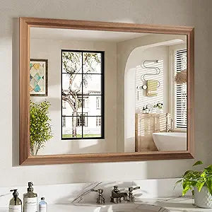 40x30 Inch Bathroom Mirror for Wall, Anti-Rust Walnut Wood Grain Metal Framed Bathroom Mirrors for Over Sink,Rectangler Mirrors for Bathroom Vanity, Farmhouse, Bedroom, Living Room, Entryway Decor