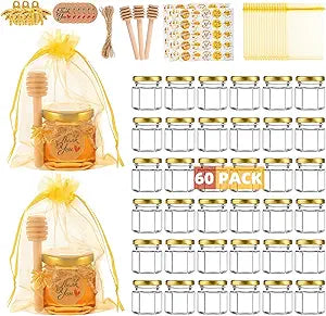 60 Pack Mini Glass Honey Jars Party Favors,1.5 oz Small Hexagon Glass Honey Jars with Dippers,Lids,Gold Bags,Bee Charms,Thank You Cards,Jute,Cute Stickers for Baby Shower Favors,Wedding party gift