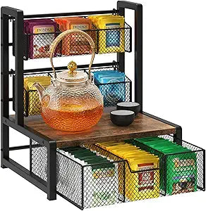 Homode Tea Bag Organizer, 3 Tier Tea Storage Container Box, Wood Tea Station Caddy, Teabag Holder Stand with Drawer Basket, Large Tea Chest Display Rack for Countertop Cabinet Office, Rustic Brown