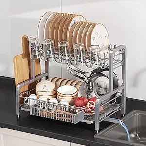 BOOSINY 2 Tier Dish Drainer Drying Rack for Kitchen Counter, Large Stainless Steel Dish Dryer with Drainboard, Big Rustproof Metal Space Saving Countertop Plate Strainer with Utensil Holder, Sliver