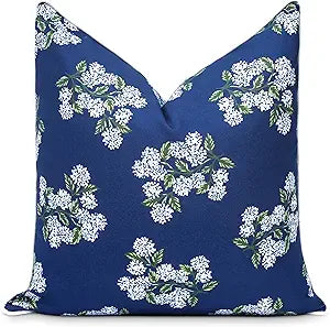 Hofdeco Premium Coastal Patio Indoor Outdoor Throw Pillow Cover Only, 20"x20" Water Repellent for Backyard, Couch, Navy Blue Print Hydrangea Flower