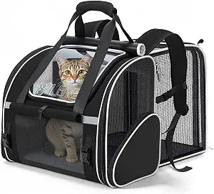 Lekereise Widened Pet Backpack Travel, Wide Pet Carrier Backpack for Cats and Small Dogs up to 18 lbs, Breathable Mesh Backpack Carrier with Sun Shade, Leash, Hand Carry for Travel Vet Car,Black