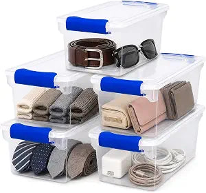 HOMZ Clear Plastic Storage Bins w/Latching Lid, 7.5 Qt, Blue, 5 Pack