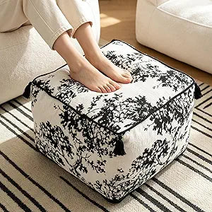 Square Pouf Ottoman Foot Stool with Tassels - Soft Chenille for Living Room & Office - Foot Rest, Home Decor & Removable Cover - Modern Black White Tree Design - 19.7" x 11.8"