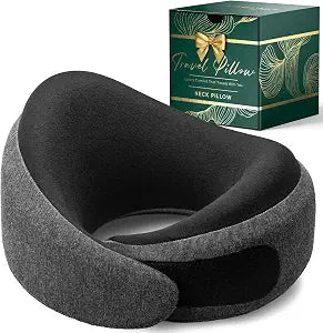 Proglobe Luxe Memory Foam Travel Neck Pillow for Airplanes, Ergonomic 360 Support with Soft Chin Support, Organic Cotton Cover, Compact Compression Bag, Ash Black