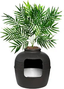 Good Pet Stuff Original Hidden Litter Box Planter, Decorative Cat Litter Enclosure, Carbon Filter, Faux Plant, Easy to Clean, Round Design, Removable Tray, Essentials Kit, Palm Plant, Charcoal Black