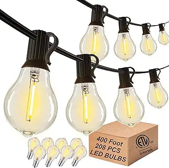 DAMAING Outdoor-String-Lights-Patio-Light-Outside 400FT(4x100FT) Waterproof Patio Lights with 208 Dimmable LED Bulbs,Connectable Shatterproof Outdoor Lighting for Market Backyard,Black Cord