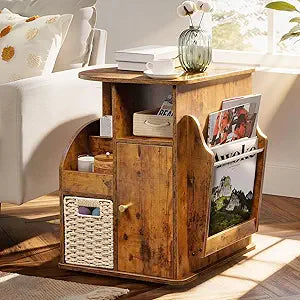TooCust Rotating End Table with Storage, Swivel Side Table Living Room, Side Table with Magazine Holder, Basket and Cabinet, Sofa Side Farmhouse End Tables with Open Shelf (Rustic Brown)