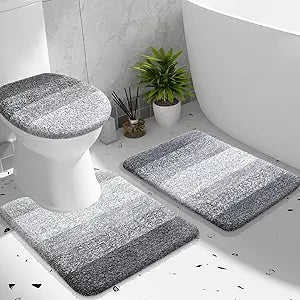 OLANLY Bathroom Rugs Sets 3 piece, Soft Microfiber Absorbent Bath Mat, U-Shaped Contour Toilet Mat and Toilet Lid Cover, Quick Dry, Machine Washable, Toilet Cover and Rug Set for Bathroom, Grey